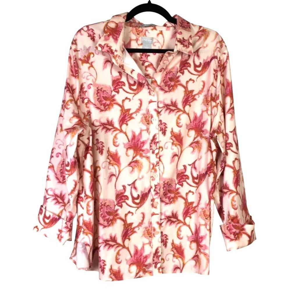 Chico's No-Iron Chic Stretch Floral Button Downโ Shirt 4 Pink Orange